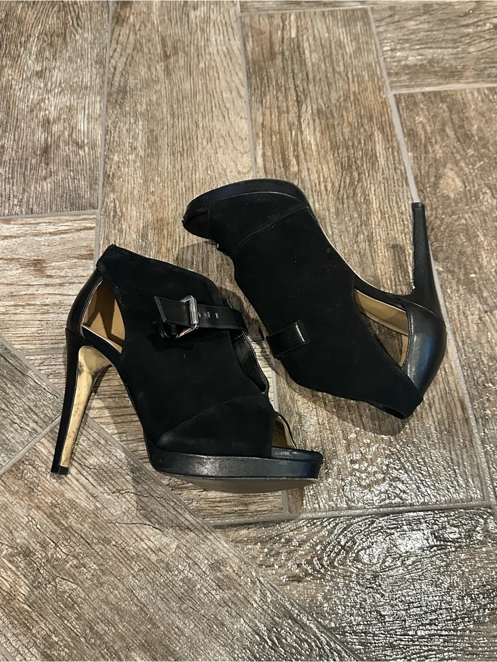 Michael Kors Black Suede Peep-Toe Ankle Strap Heels